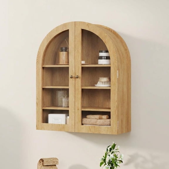 Garvee Farmhouse Arched Bathroom Wall Cabinet – Wooden Medicine Cabinet with Acrylic Glass Doors – 3 Adjustable Shelves – Wall Mounted Organizer for Bathroom, Kitchen, Living Room, Home Office – Oak