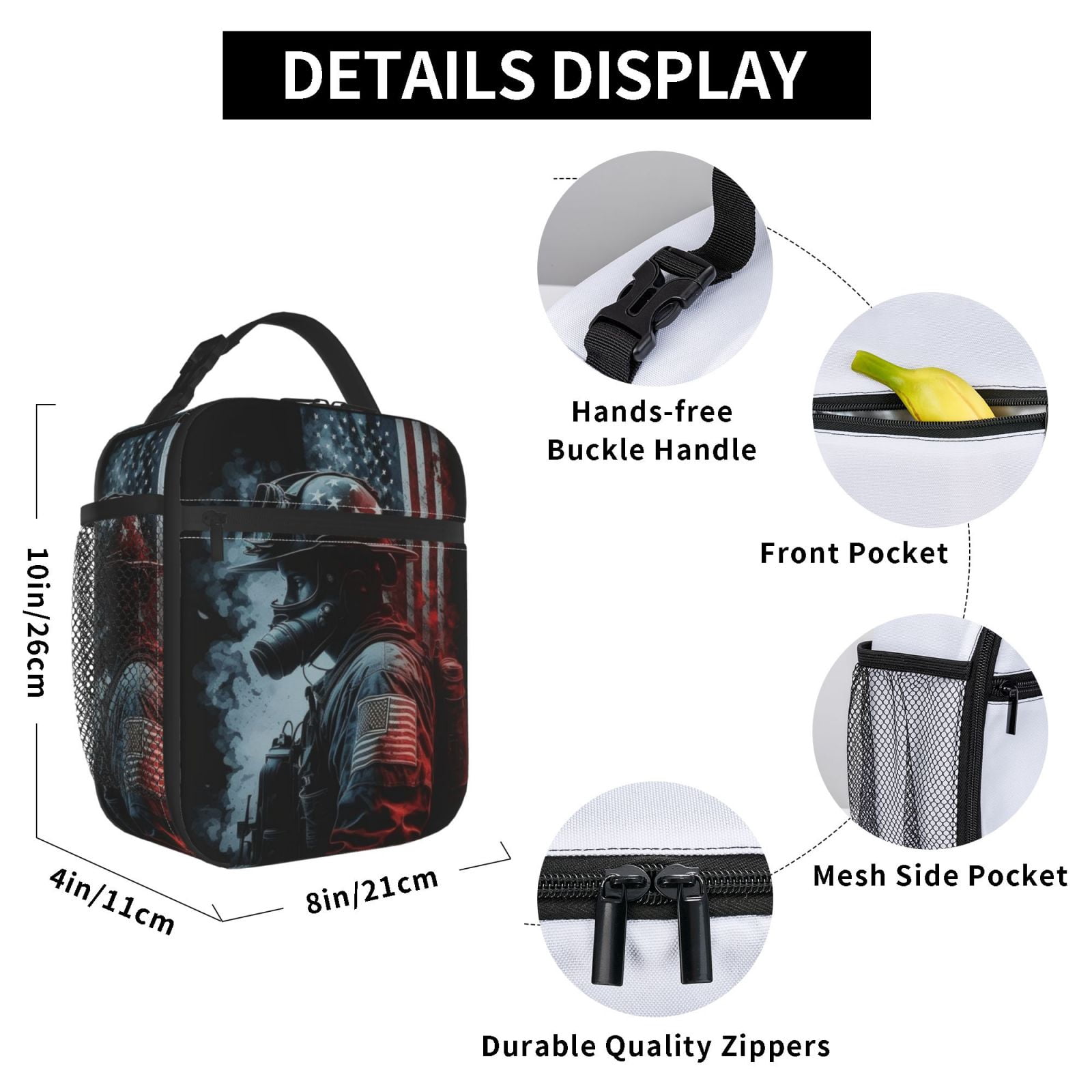 Fireman American Flag Lunch Box Bag Insulated Lunchbox Reusable Tote Thermal Cooler Portable for Women Men