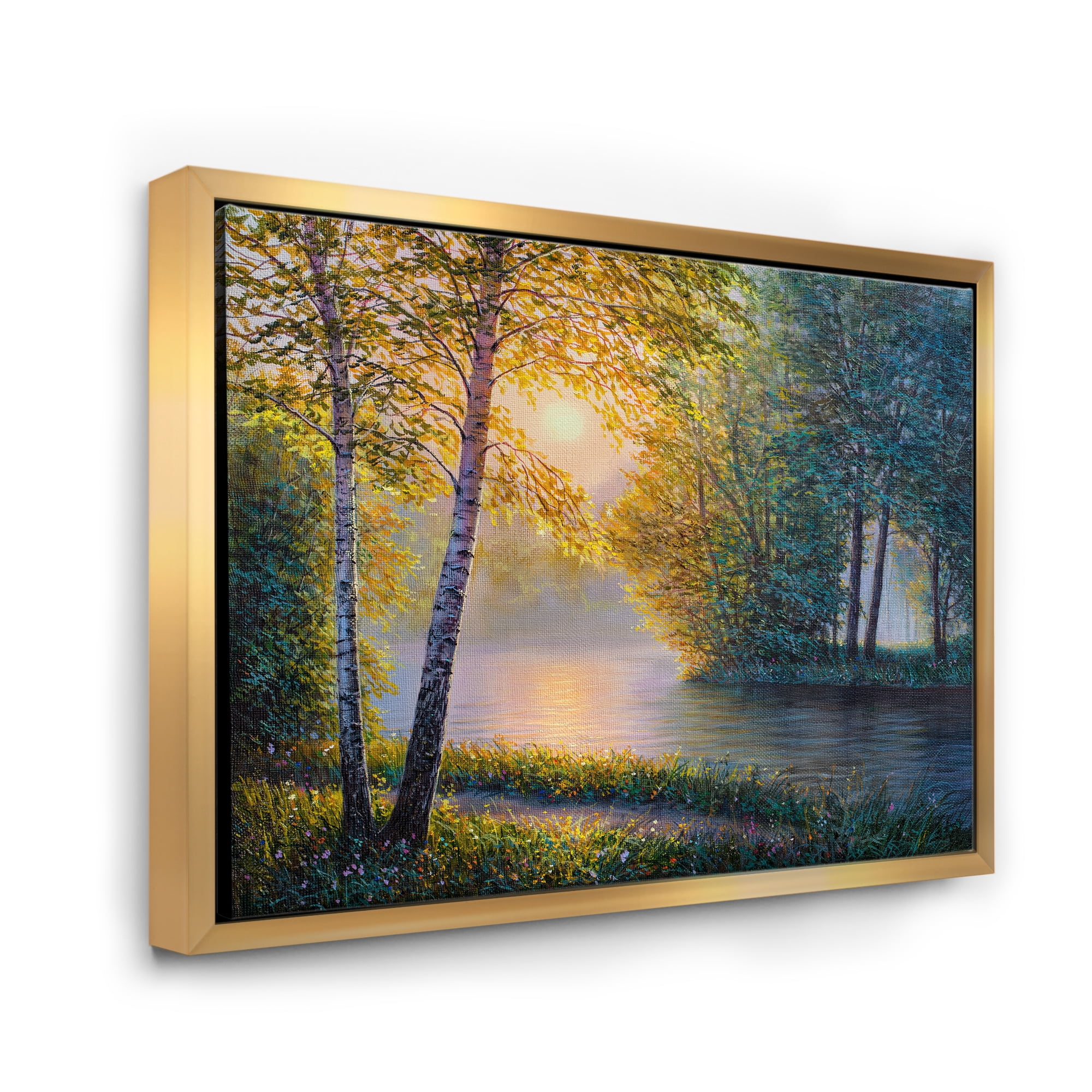 Designart 'Sunrise Summer With Beautiful River Spring Forest' Lake House Framed Canvas Wall Art Print