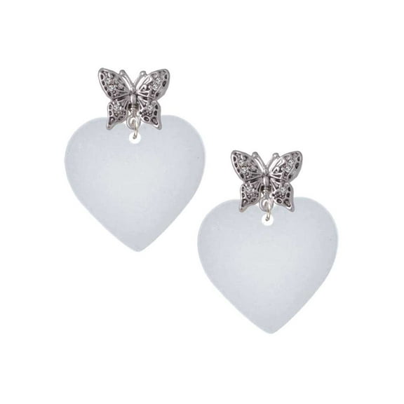 Delight Jewelry Acrylic 1" Imitation Pearl Heart Silvertone Antiqued Butterfly Post Earrings