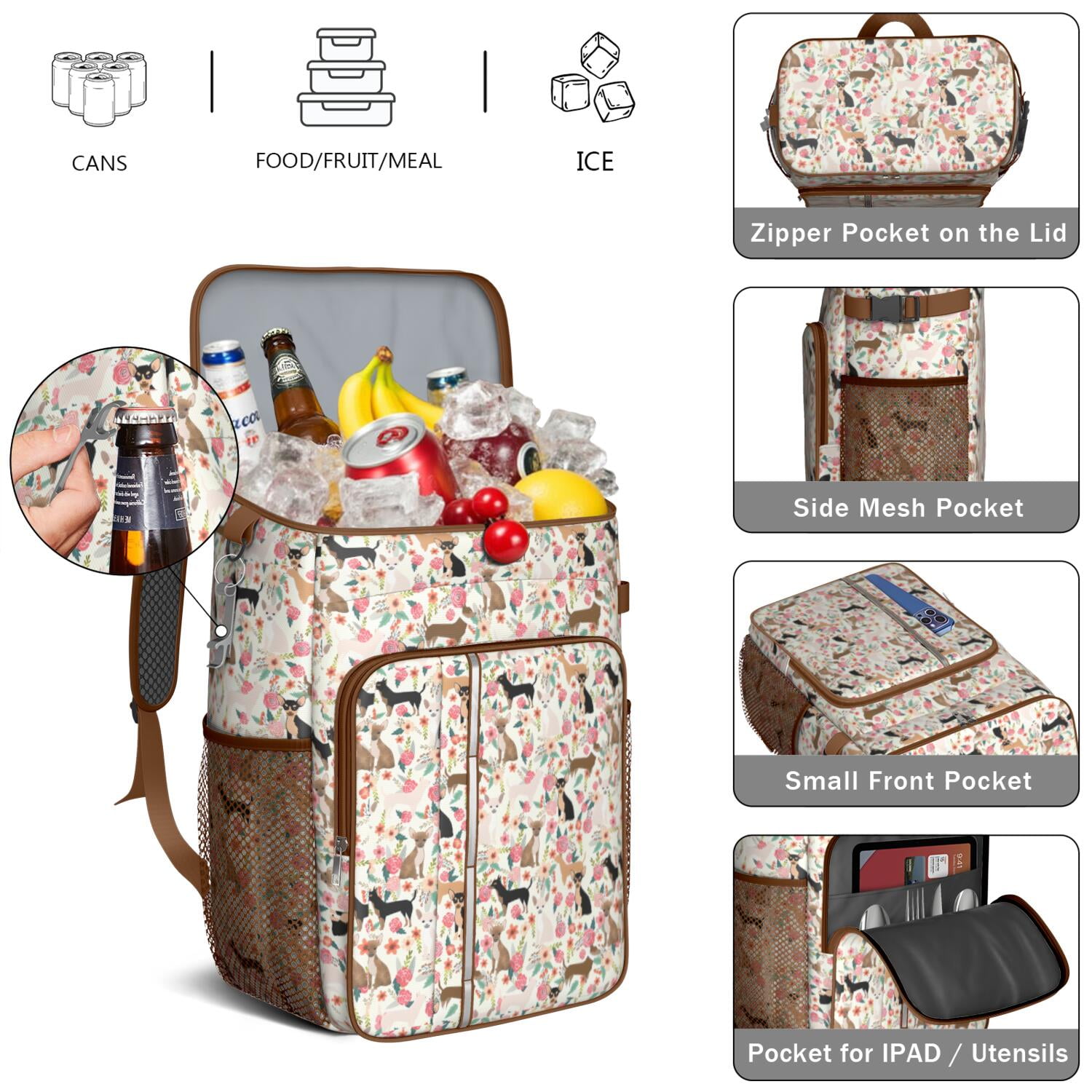 Travel Cooler Bag - Chihuahua and Flower Florals Camping Beer Cooler Backpack with Bottle Opener- Waterproof Insulated Picnic Backpacks - Cooler Bag for Beach