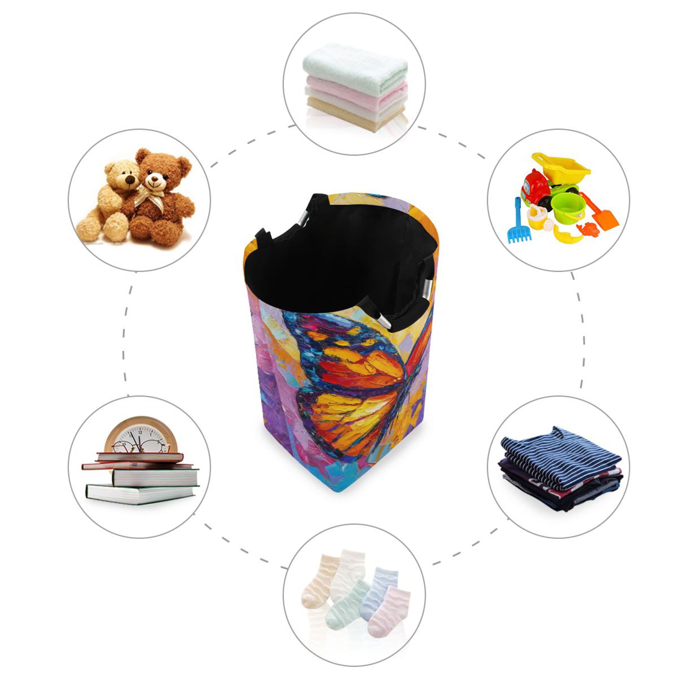 Foldable Laundry Hamper Bag with Handles Dirty Clothes Basket 12.6" x 11" x 22.7" Colorful Butterfly Flying