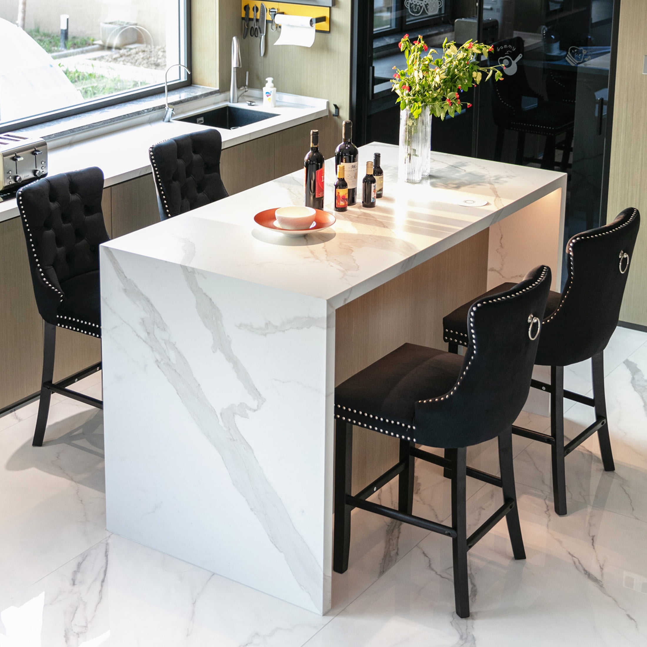 Paproos Upholstered Bar Stools Set of 2, Velvet Barstools with Wood Legs and Tufted, Modern Leisure Counter Height Bar Chairs with Chrome Nailhead Trim for Home Pub and Kitchen Island, Black