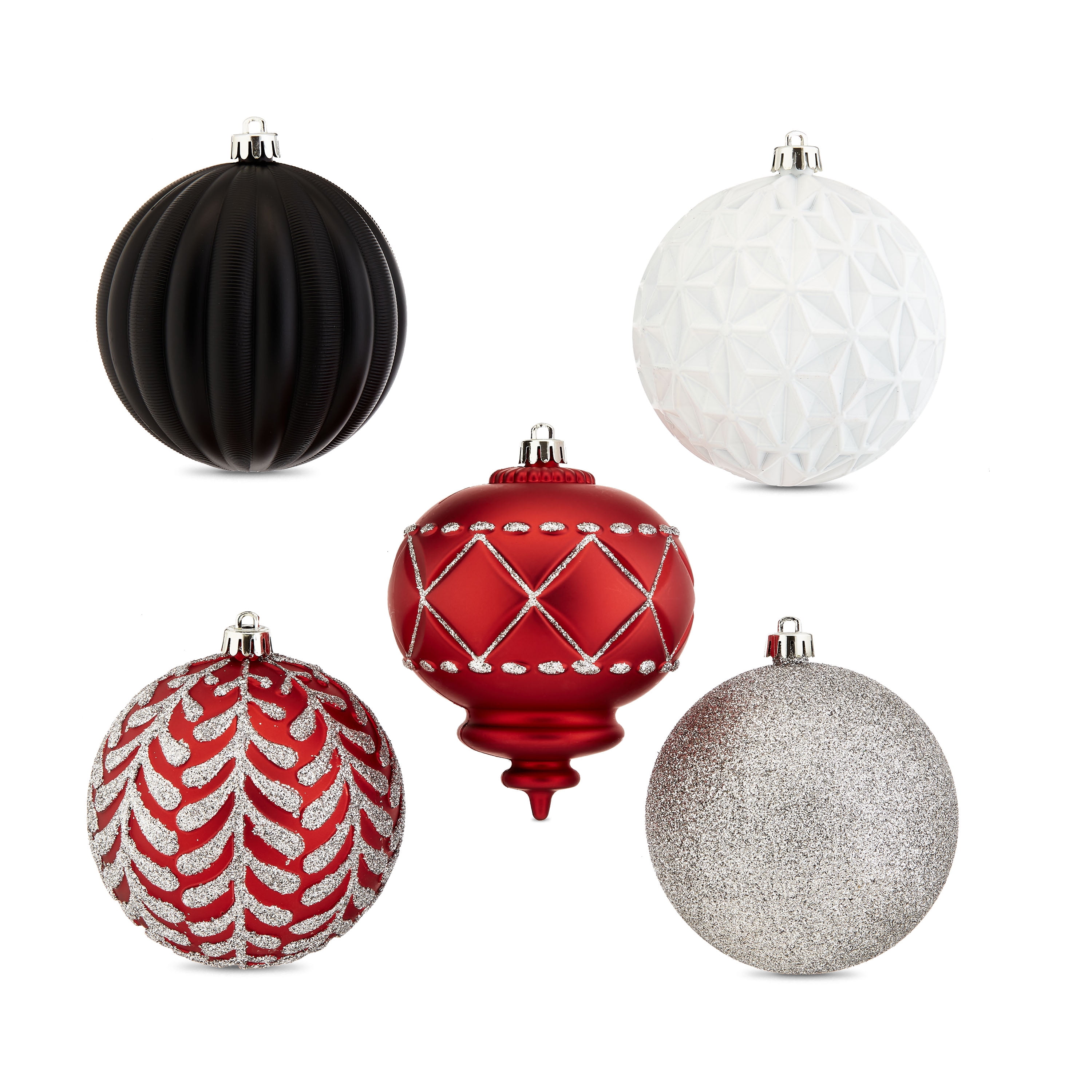 Holiday Time 100 mm Shatterproof Christmas Ornaments, Red, White, Black, and Silver, 9 Count