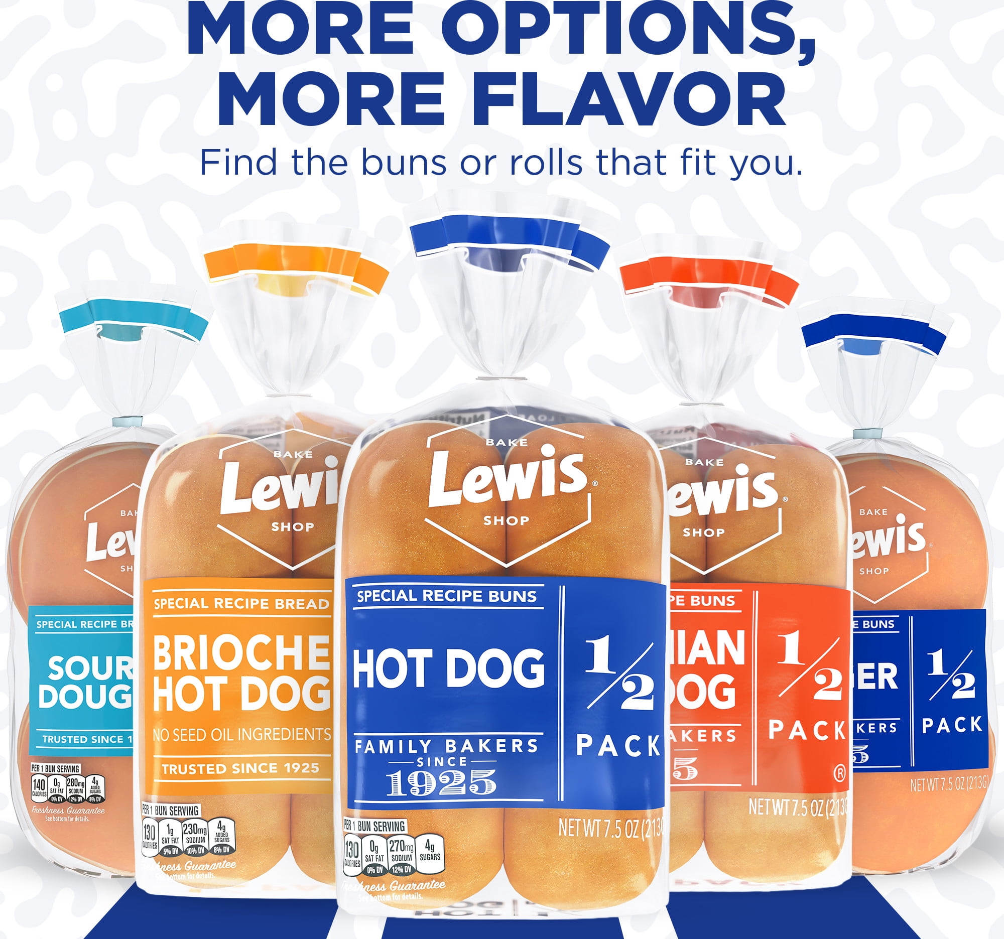 Lewis Bake Shop White Half Pack Hot Dog Buns, 7.5 oz, 4 Count