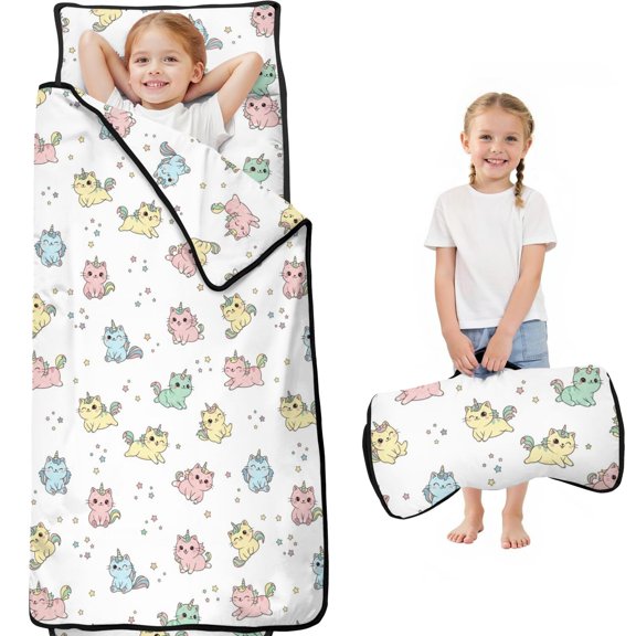 Unicorn and Cat White Pattern Teens Toddler Nap Mat with Pillow, Sleeping Mat Bag for Preschool Daycare 59"x22"