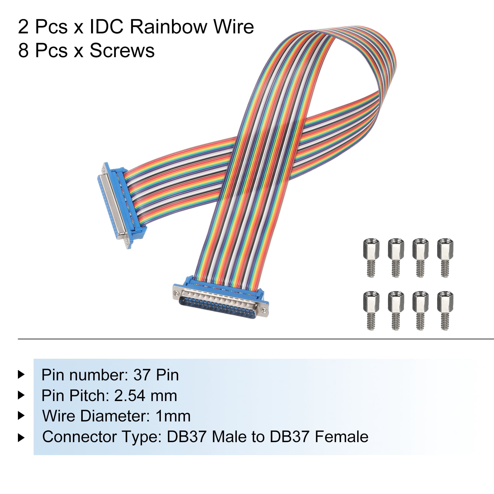 2 Pcs IDC Rainbow Wire Flat Ribbon Cable DB37 Male to DB37 Female 19.7 Inch Length 2.54mm Pitch Breadboard Jumper Wires for Electronic Projects