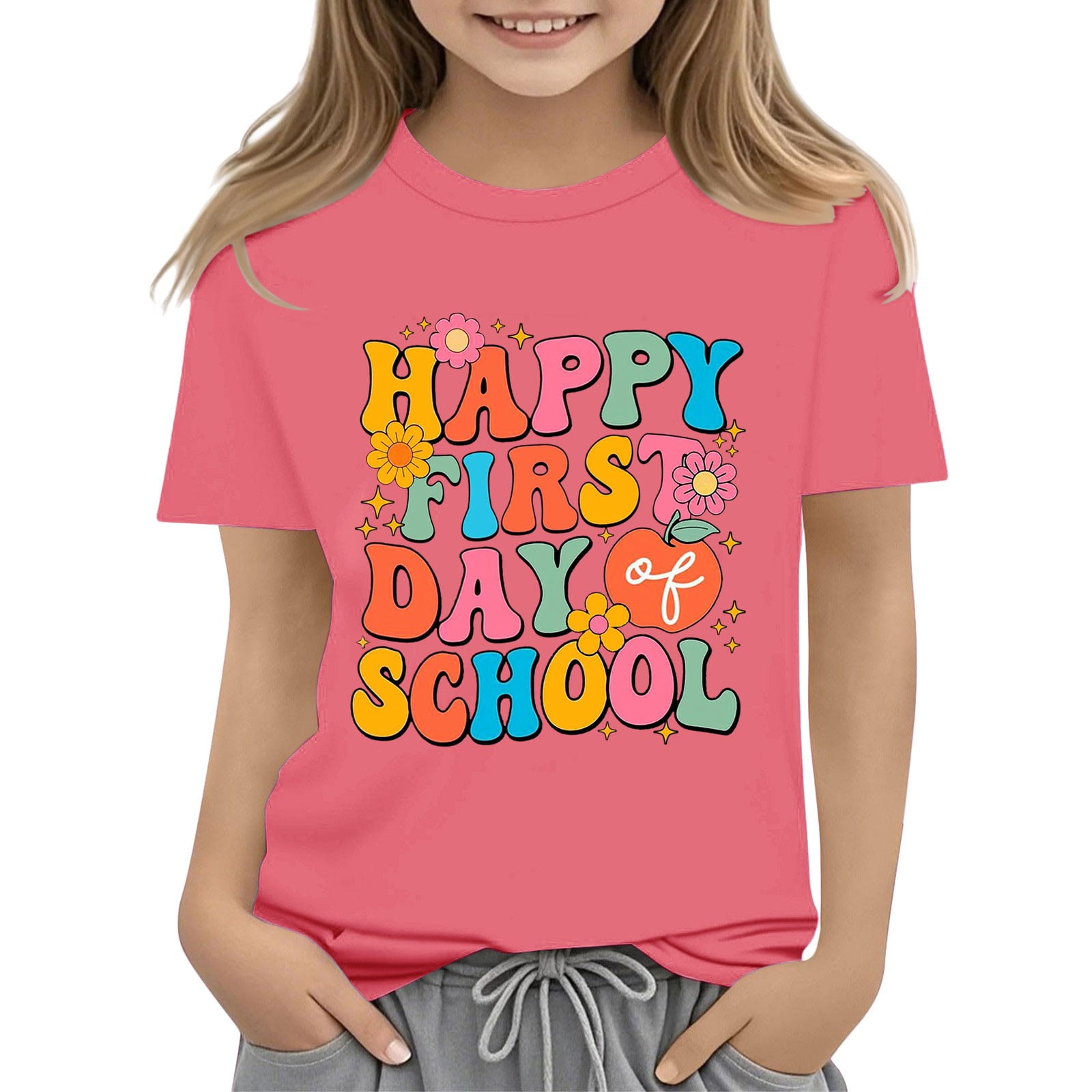 UACY Girls First Day of School Colorful Letter T Shirt Short Sleeve Crew Neck Cotton Casual Summer Top (Pink 8-9 Years)