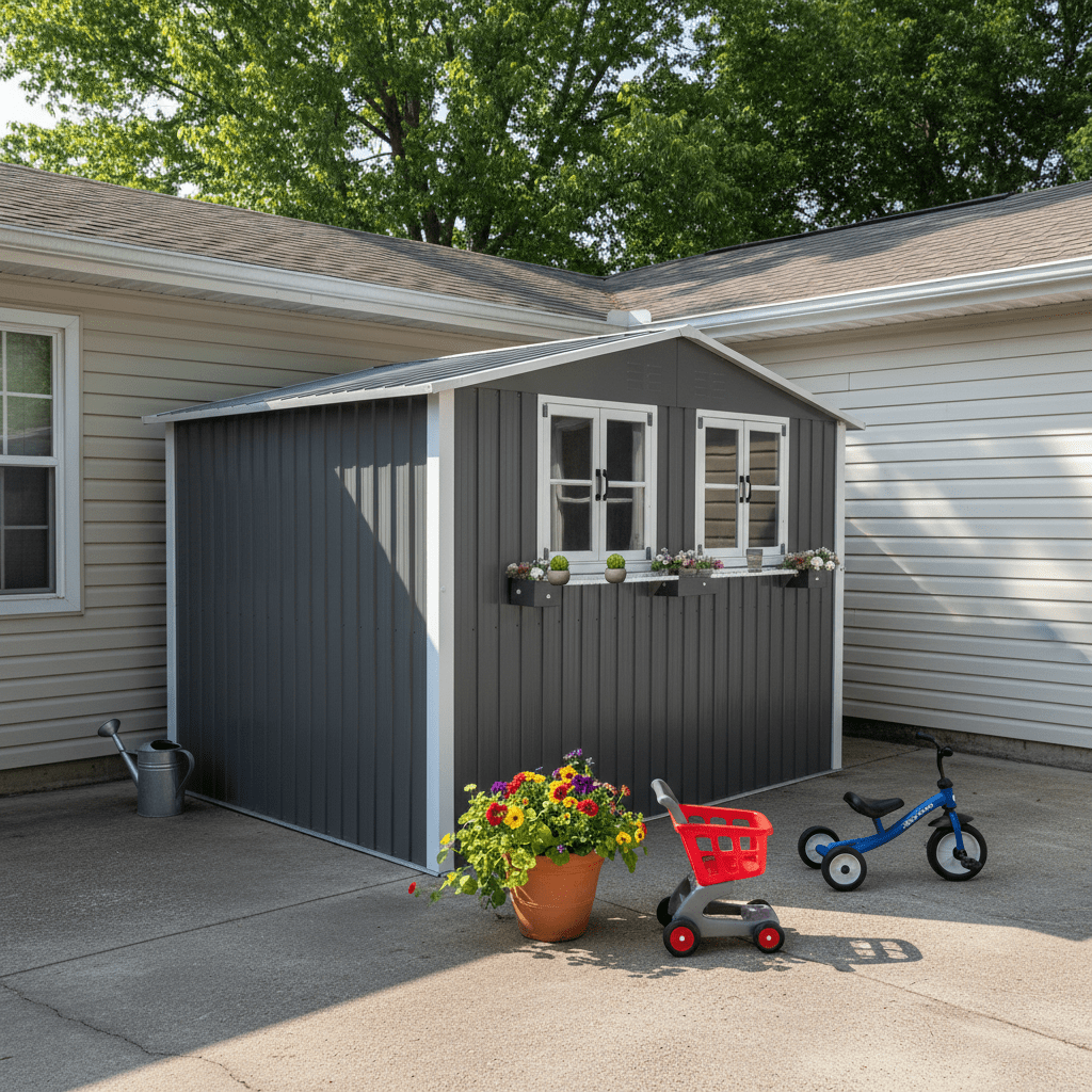 Mintazer 6×9ft Modern Metal Outdoor Storage Shed with Windows & Lockable Doors, Waterproof Weatherproof Garden Shed for Backyard Patio, Gray