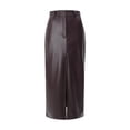 thumbnail image 3 of Women'S High Waist Front Slit Pure Color Simple Style Leather Pencil Skirt Bodycon Midaxi Dark Brown S, 3 of 8