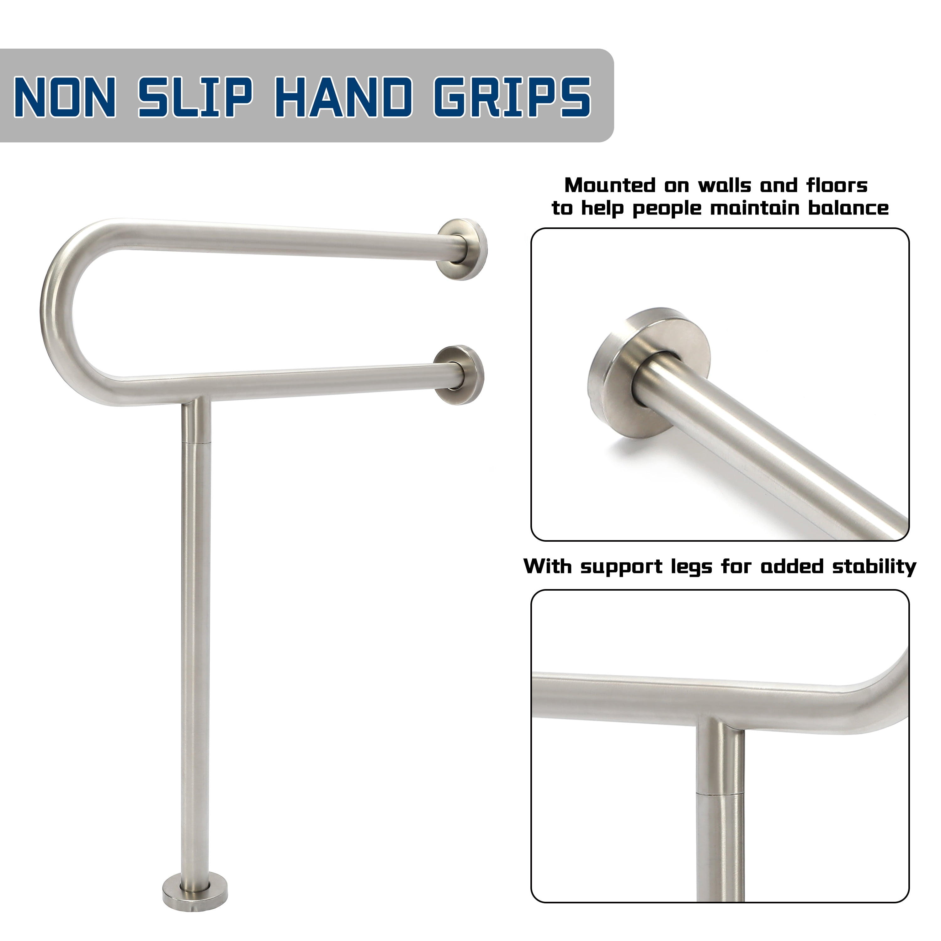Kojem Toilet Support Rail Handrail Handicap Grab Bar Rails 24 inch Bathroom Safety Bathtub Bar Wall Mount Support Assist Grips for Disabled Elderly Pregnant 304 Stainless Steel