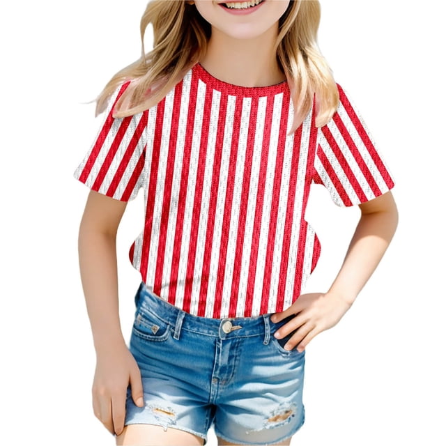 GDREDA T-Shirt Graphique à Manches Courtes Rayé de Carnaval pour Garçons, Chemise de Fête Colorée, Haut Décontracté Confortable pour Enfants Rouge,120
