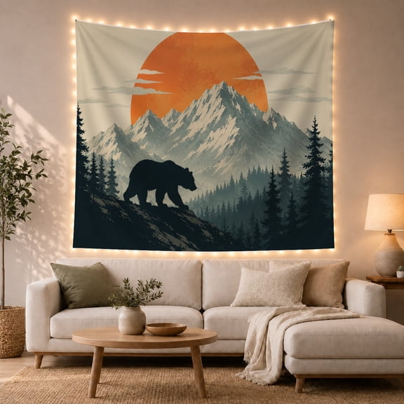Bear Silhouette Against Orange Moon and Mountain Range, Nostalgic Vintage for Nature Lovers, Wilderness Wall Art Decor, Housewarming Gift Tapestry Wall Hanging for Bedroom and Living Room