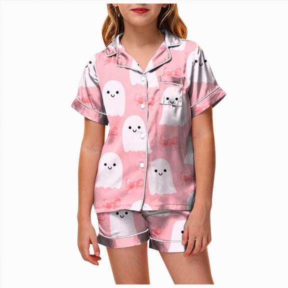 KPOPLK Girls Halloween Sleepwear Set 2-13Y 2Pcs Pumpkin Print Short Sleeve Button Down Shirt with Shorts Jammies,Size 4-5 Years