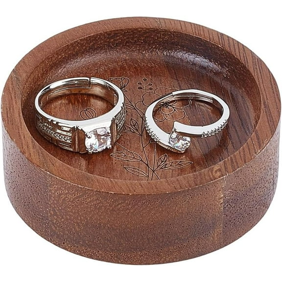 Wooden Ring Tray Engraved Ring Holder Jewelry Tray Dish Round Wood Dish Jewelry Display with Flower Engraving for Wedding Engagement Bridal Shower Gift Anniversary 2.6'' Brown