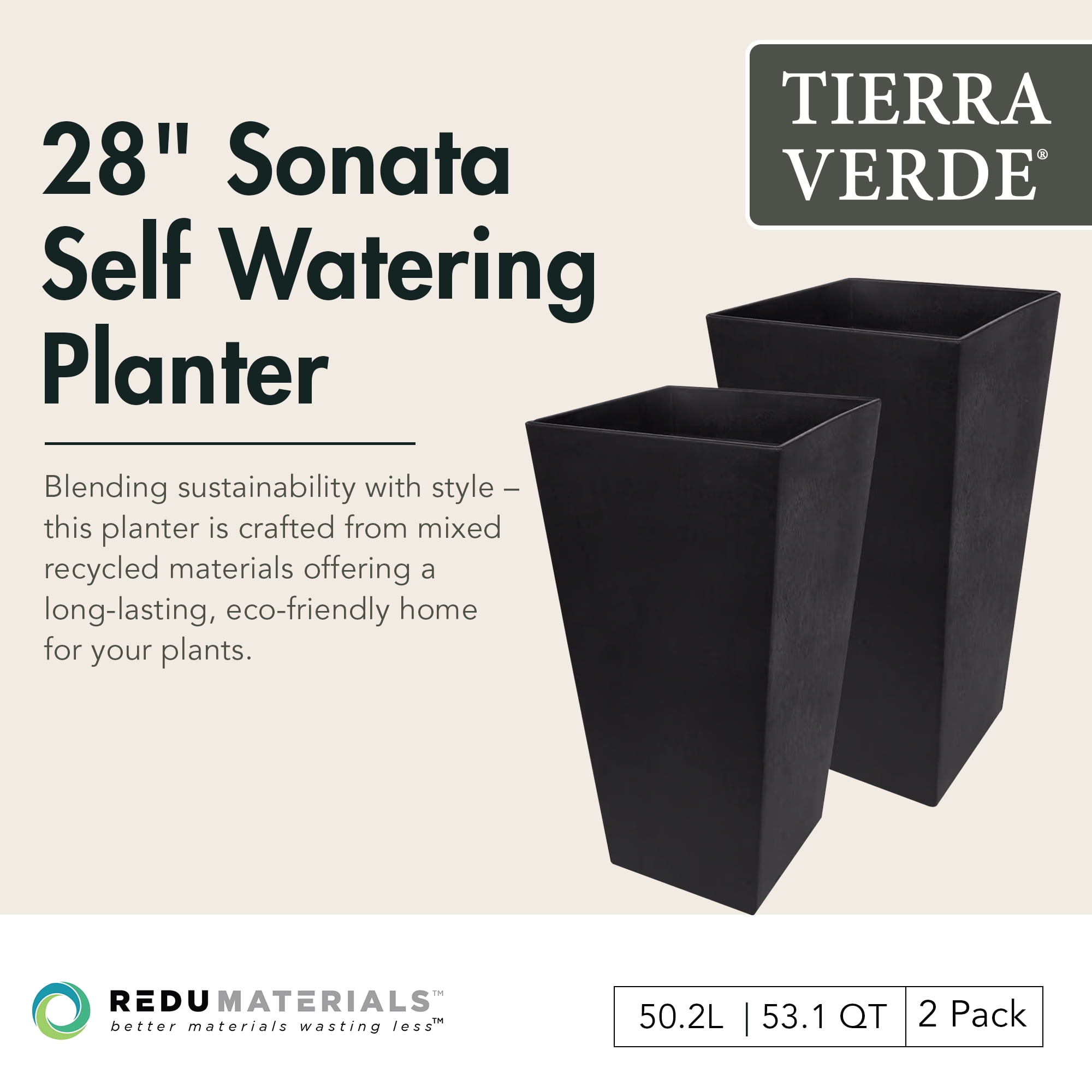 Tierra Verde 2 Pack Indoor Outdoor 28” Self Watering Planter, Sonata, Black