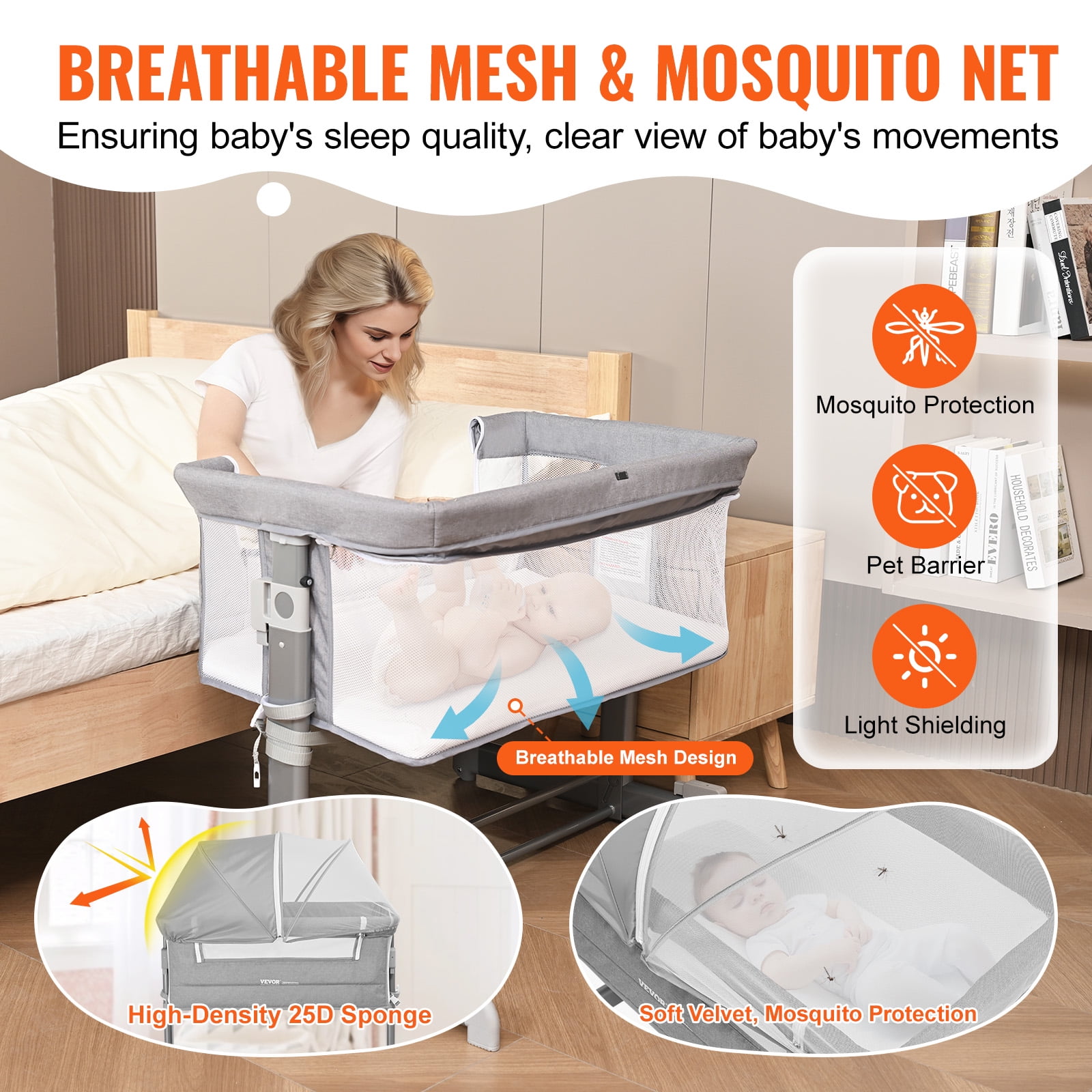 Vevor Baby Bassinet 5 Level Height Adjustable Baby Bassinet Bedside Sleeper With Comfy Mattress And Wheels Baby Cradle Bedside Crib With Mosquito N