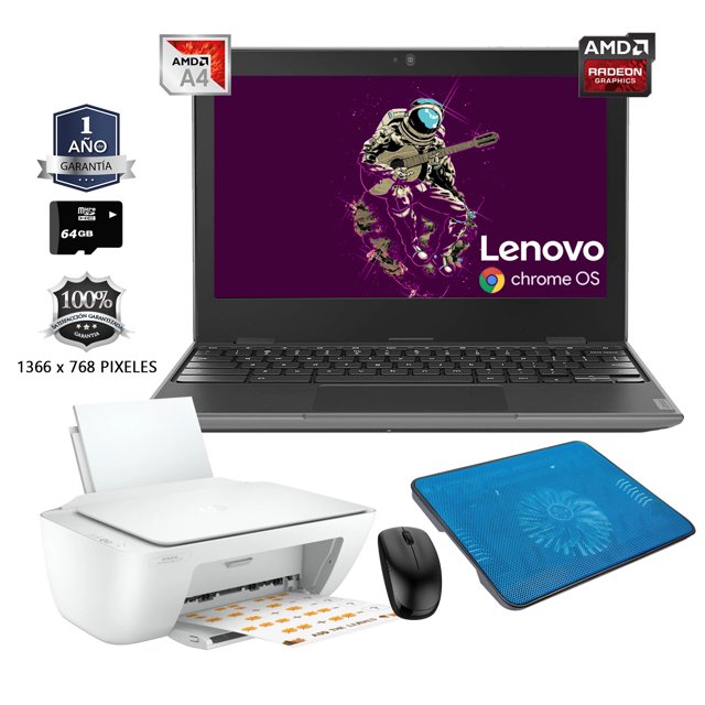 Laptop Lenovo Chromebook 11 AMD A4 32gb Ram 4gb más Micro SD 64GB, Impresora, Mouse y Base Enfriadora 82CD