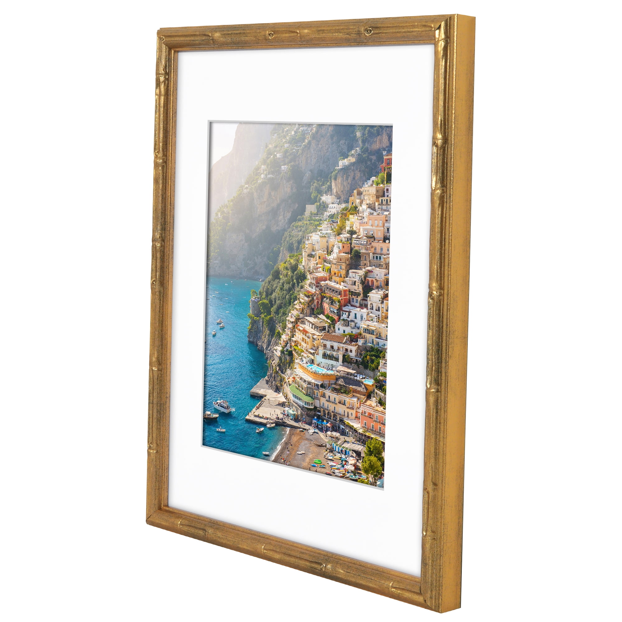 Americanflat 11x14 Picture Frame with Shatter-Resistant Glass with 8x10 Mat Bamboo Design Display Photo - Gold
