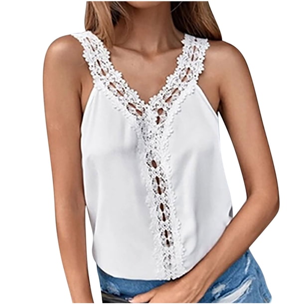 Mujeres damas sólido sin mangas con cuello en v pulóver chaleco de encaje camisetas sin mangas camisas blusa Fridja qr5147