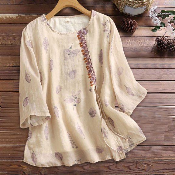 Women Fashion Round Neck Ethnic Style Floral Loose Point Sleeve Top T Shirt S T Shirts Women Athletic Wear Tops for Women Top Women Summer V Neck Tee Graphic Ladies Long Sleeve Shirts Casual Short