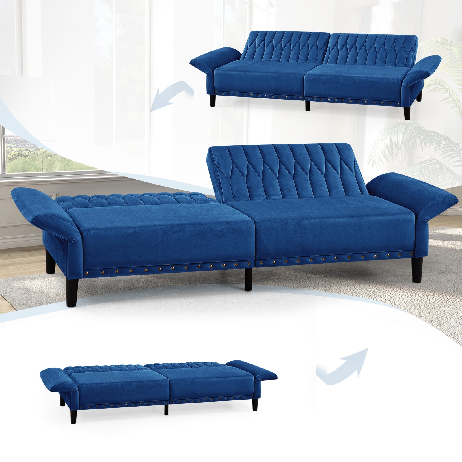 ACMEASE 77 Inches Velvet Sofa Bed w/Adjustable Backrests & Armrests, Tufted Sleeper Sofa Couch w/Nailhead Trim, Convertible Modern Recliner Loveseat for Living Room,Office, Blue