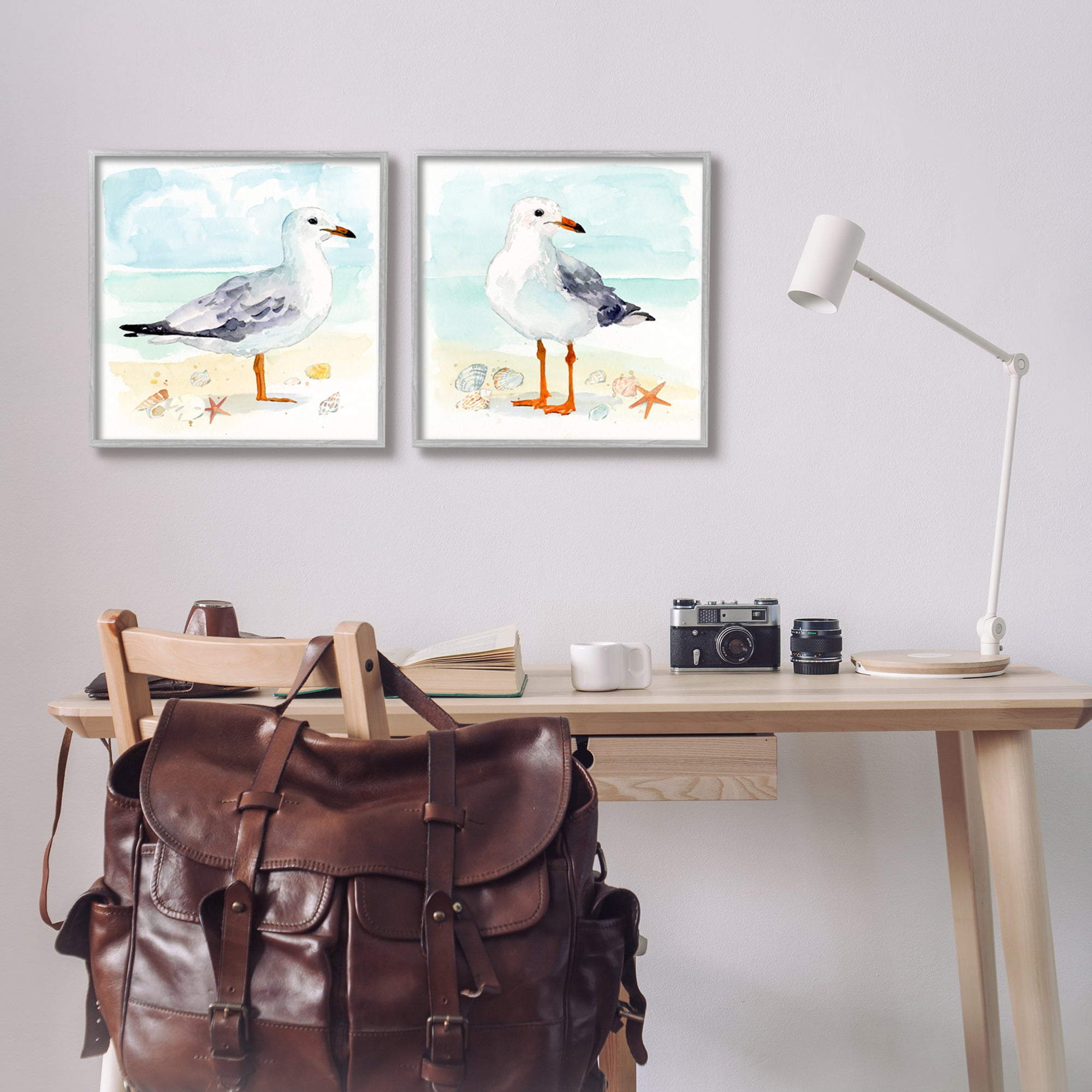 Stupell Industries Seagull & Sandpiper Birds Animals & Insects Painting Gray Framed Art Print Wall Art, 17 x 17