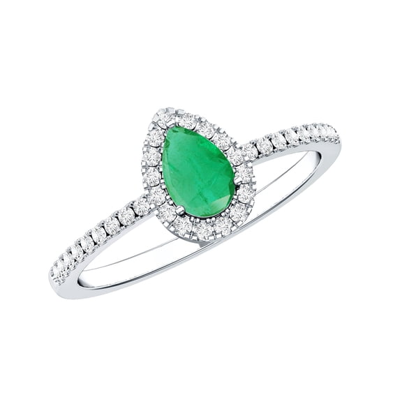 Rosec Jewels Teardrop Emerald Ring with Diamond Halo (4X6 mm, AAA Quality), 925 Sterling Silver, US 4.00