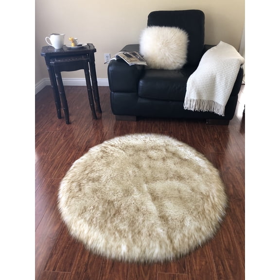 Soho Luxurious Faux Sheepskin Round Shape White with Brown Tips Shag Area Rug