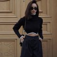 thumbnail image 3 of Suéter corto de cuello alto con dobladillo irregular para mujer, camisa corta de cuello alto para mujer, manga larga, tejido acanalado, otoño e invierno, 3 of 5
