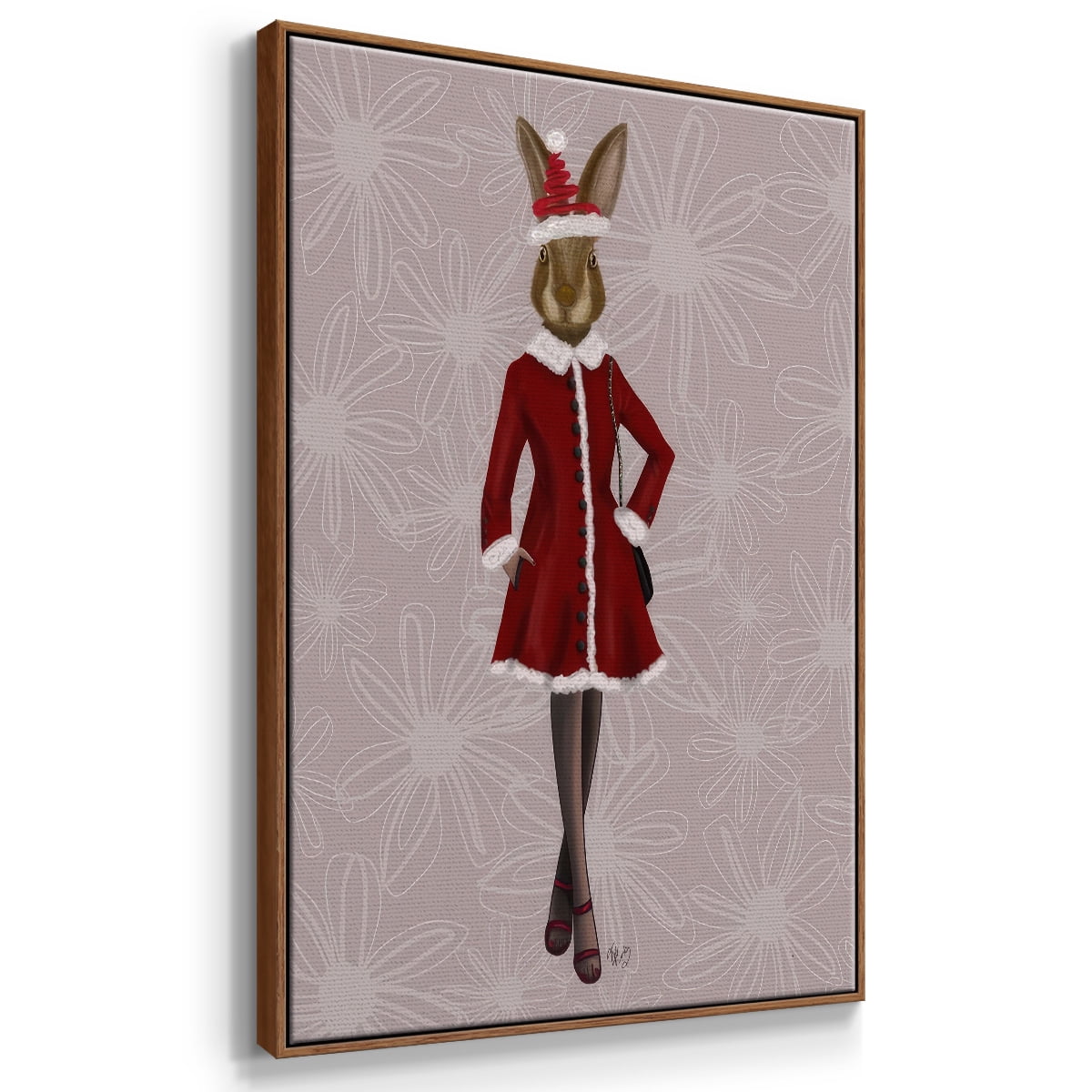 Christmas Christmas Fashion Bunny - Framed Gallery Wrapped Holiday Canvas - 25 x 37 - Rosewood Frame