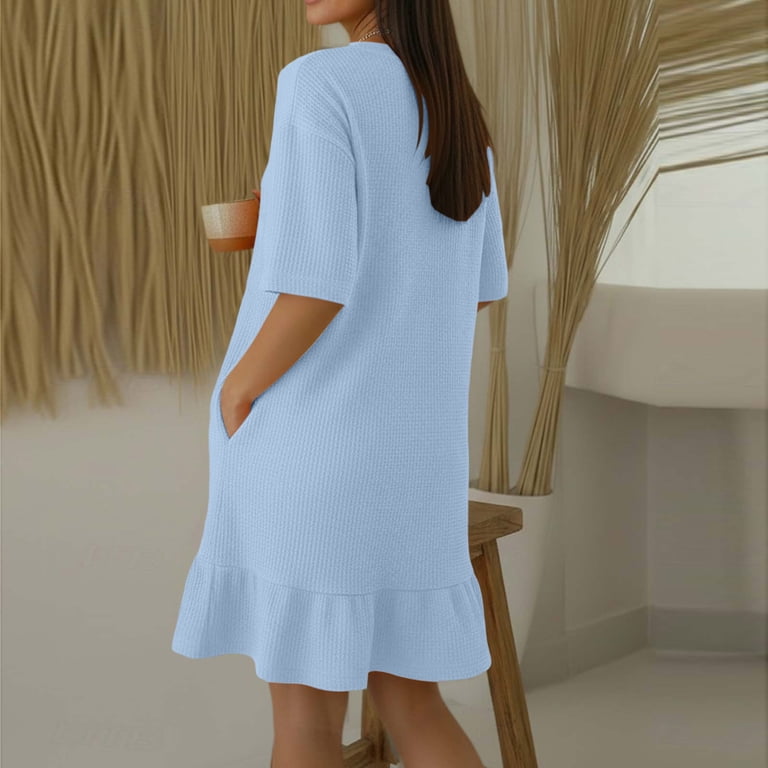 waffle knit maxi dress Ygbgbb Women's Dress, Crew Neck Short Sleeve with Ruffle Trim, Solid Color Casual Summer Long Light Blue M fall wedding guest dress