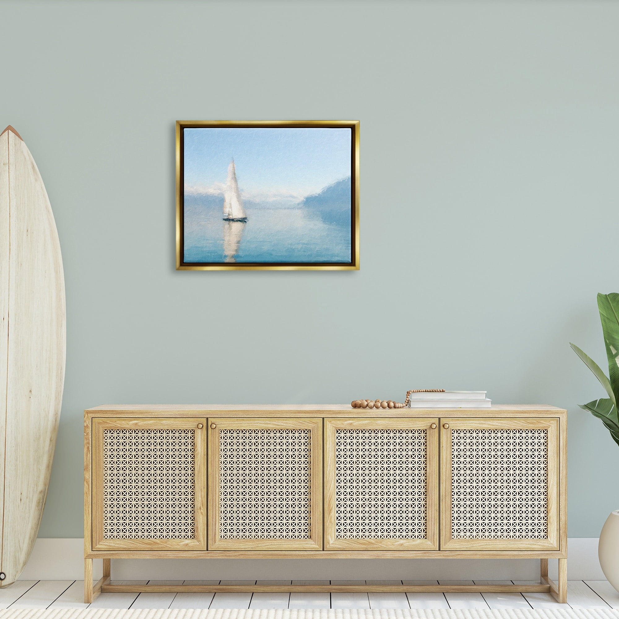 Stupell Blue Ocean Sailboat Sea Reflection Landscape Painting Gold Floater Framed Art Print Wall Art