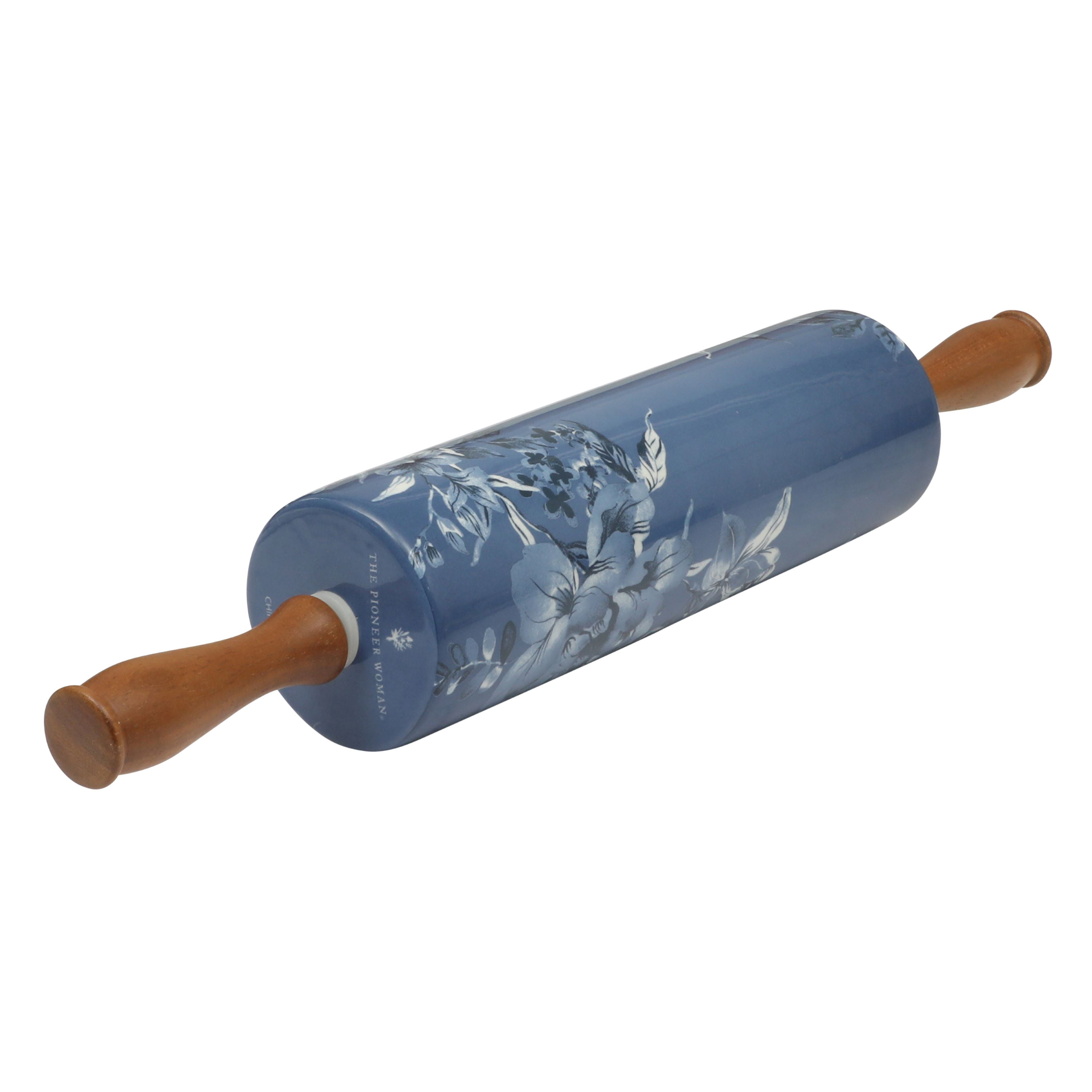The Pioneer Woman Delilah Ceramic Rolling Pin with Wood Handles, Blue