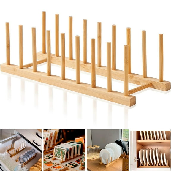 QZS Bamboo Wooden Dish Drying Rack, 14" Long Plate Rack, Stand Pot Lid Holder, Kitchen Dish Plate Storage Cabinet Organizer Drainer with 8 Slots for Cup, Cutting Board, Bowl