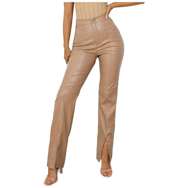 Plus Size Pants for Women Faux Leather Solid Color High Waist