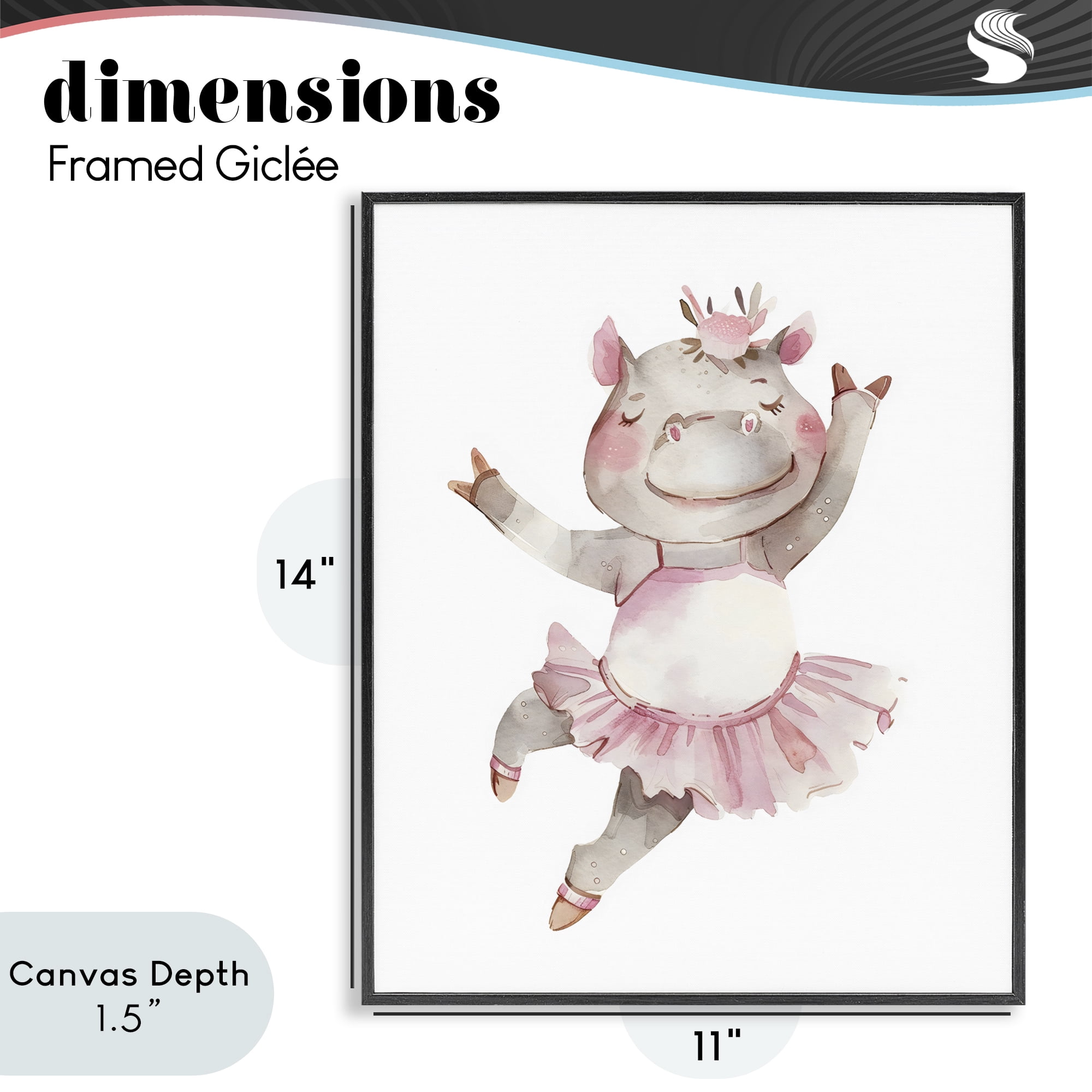 Stupell Industries Ballerina Hippo in Tutu Black Framed Giclee Art, design by LSR Design Studio