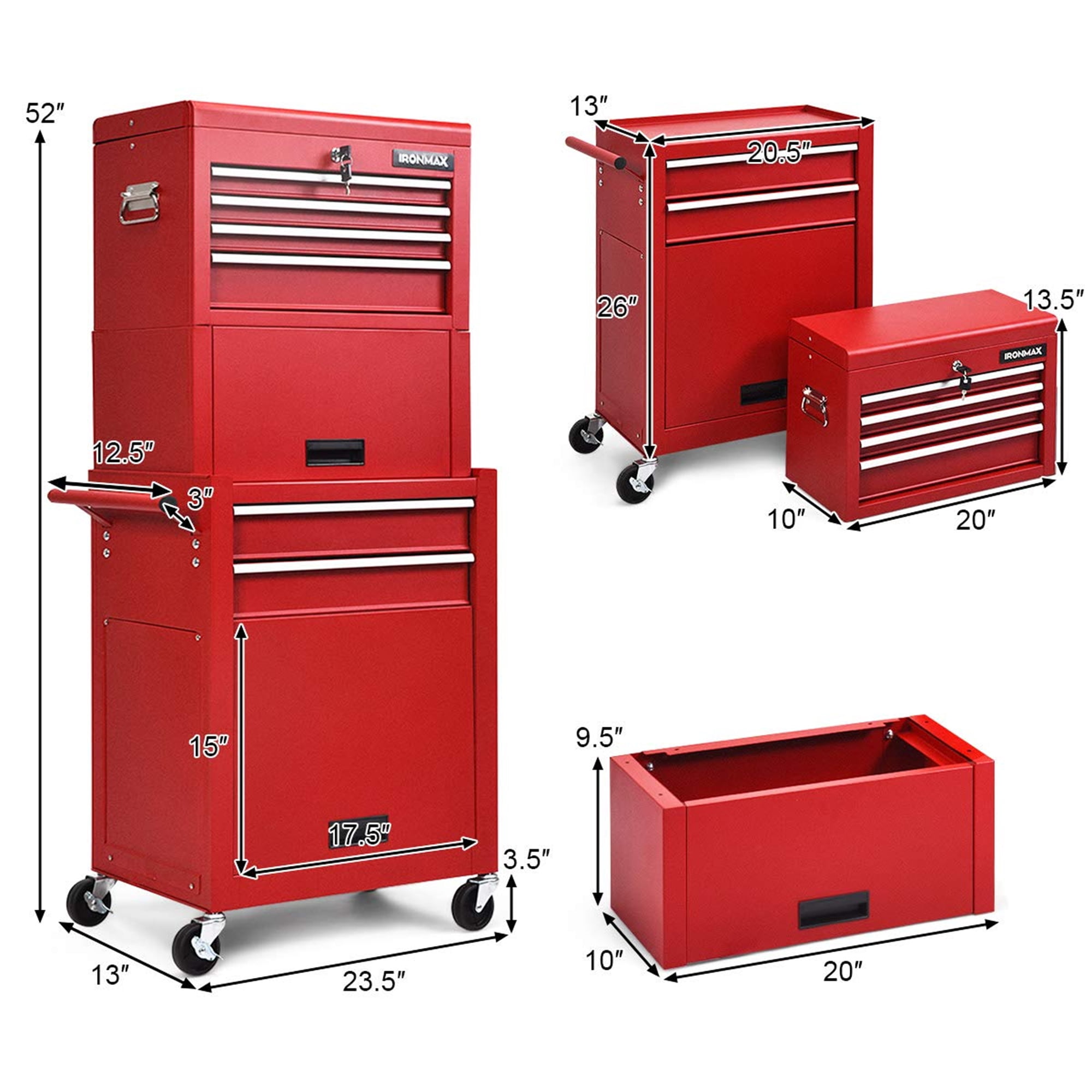 Aukfa Tool Box, 3 in 1 Steel Rolling Tool Chest w/ 6-Drawers & 2 Cabinet for Garage Workshop, Red