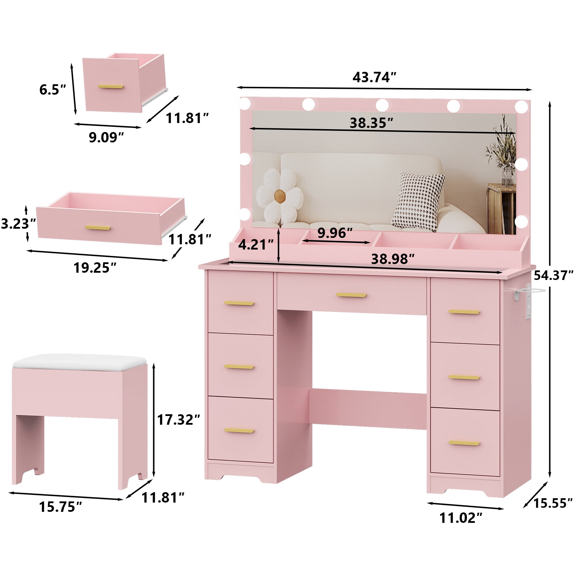 Vanity Desk with 38" Large Mirror and 9 LED Lights & Glass Top and Power Outlet, Adults Makeup Vanity with Chair and 7 Storage Drawers, Dressing Table Set for Bedroom, Modern Pink
