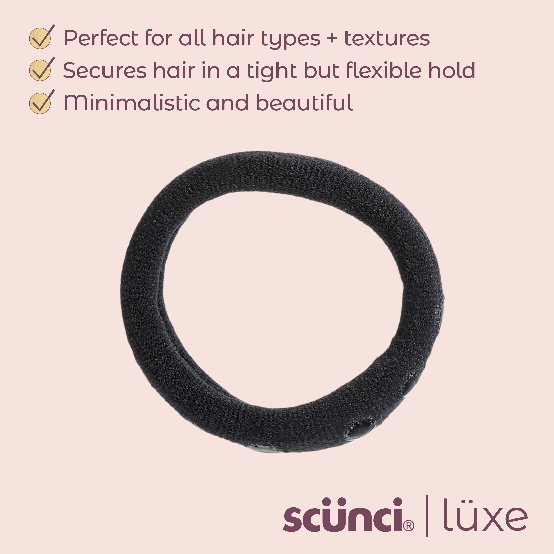 Scunci Luxe by Conair No-Slip Grip Ponytailers, Black Hair Ties with Storage Bag, 10 Count