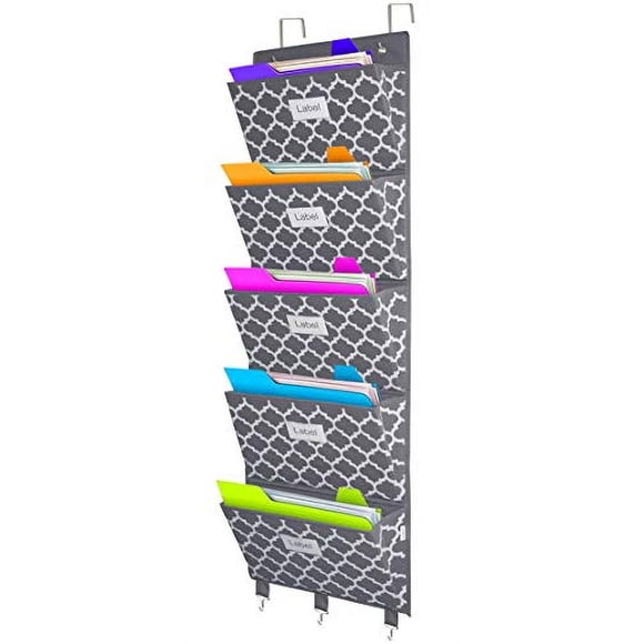 Organizador de Archivos Homyfort para Puertas Soporte de Almacenamiento Colgante 5 Bolsillos Extra Grandes Gris con Patrón de Linterna