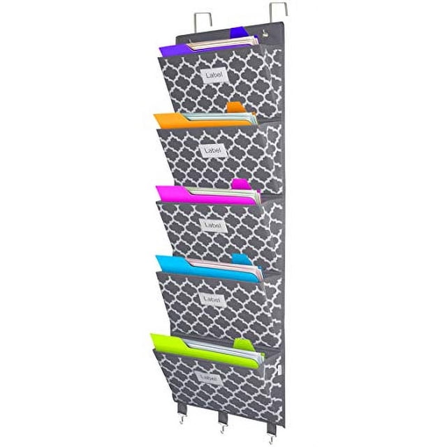 Organizador de Archivos Homyfort para Puertas Soporte de Almacenamiento Colgante 5 Bolsillos Extra Grandes Gris con Patrón de Linterna
