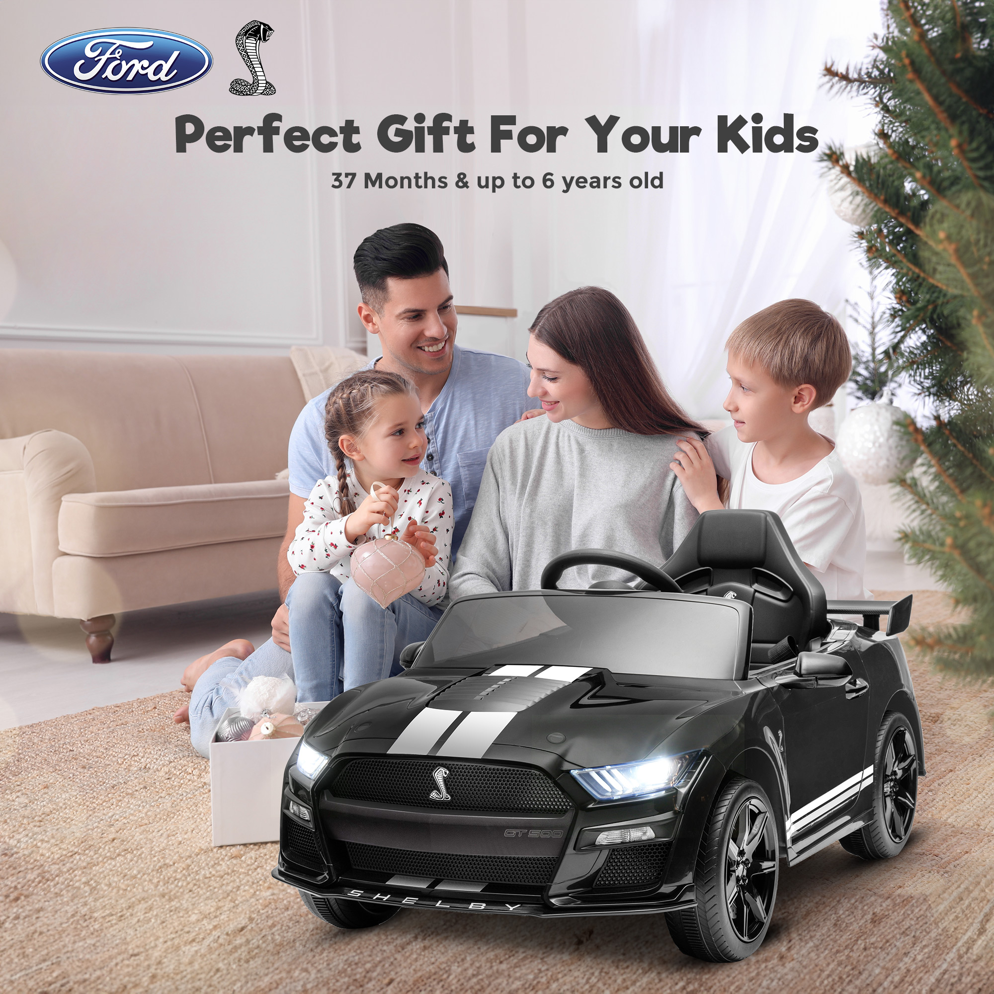 FUNTOK Licensed Ford Mustang GT500 12V 7AH Kids Electric Ride on Car Toy,16" Seater Battery Powered Car Truck with Remote Control,Bluetooth,3 Speeds,LED Headlight,Music Player & Spring Suspension