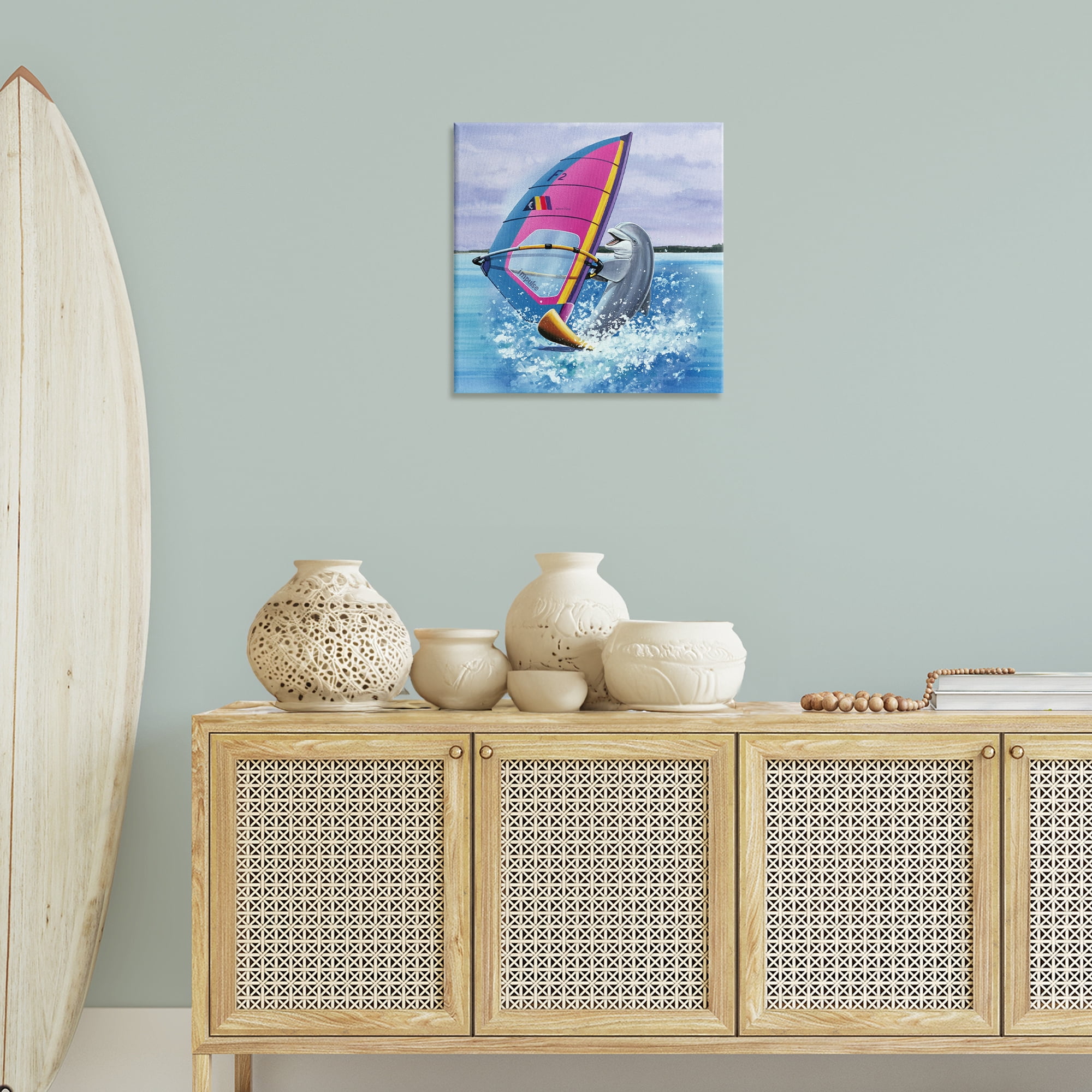 Stupell Industries Wind Surfer Dolphin Animals Painting Wrapped Canvas Art Print Wall Art, 24 x 24