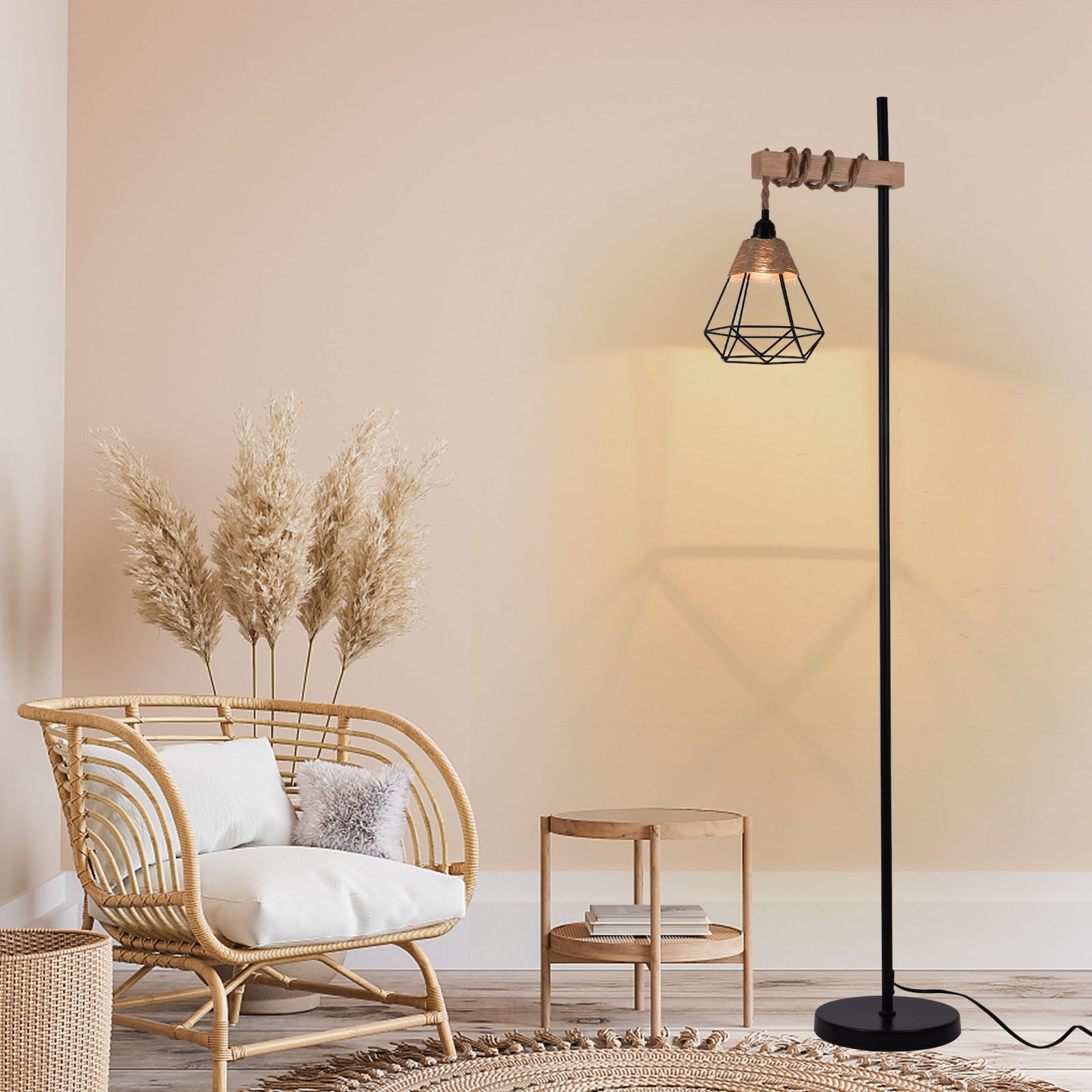 Fichiouy Industrial Floor Lamp with Rattan Lampshade Farmhouse Standing Lamp for Living Room Bedroom Office Dining Room