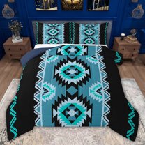 jejeloiu Aztec Triangle Rhombus Queen Comforter Set,Blue Black Triangle Bedding Comforter Set For Teens Kids Reversible 3 Pieces