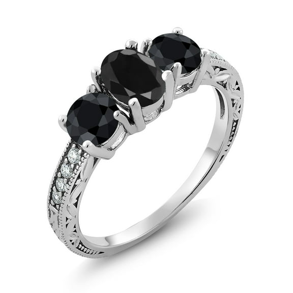 Gem Stone King 2.60 Cttw Black Sapphire and White Moissanite Ring for Women | 925 Sterling Silver | Gemstone Birthstone | Oval 7X5MM and Round 5MM (Size 7)