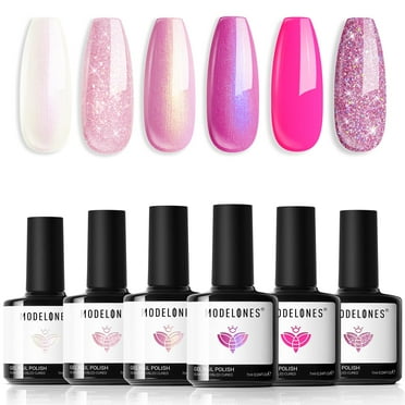 modelones Pink Glitter Gel Nail Polish Set, 6 Colors Hot Pink Tones Sparkle Pink Shades Shimmer Cat Eye Gel Polish for Women Girl Nail Lovers Gift Salon DIY Nail Art Gel Nail Kit