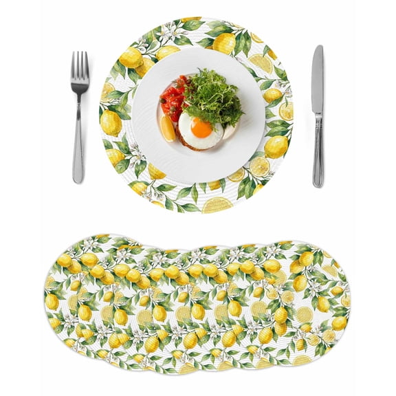 Lemon Round 13 Inch Placemats Set of 6, Yellow Fruits Summer Watercolor Botanical Leaf Plant HeatResistant Non Slip Place Mats for Dining Table, Wipeable Braided Kitchen Table Mats for Housewarming