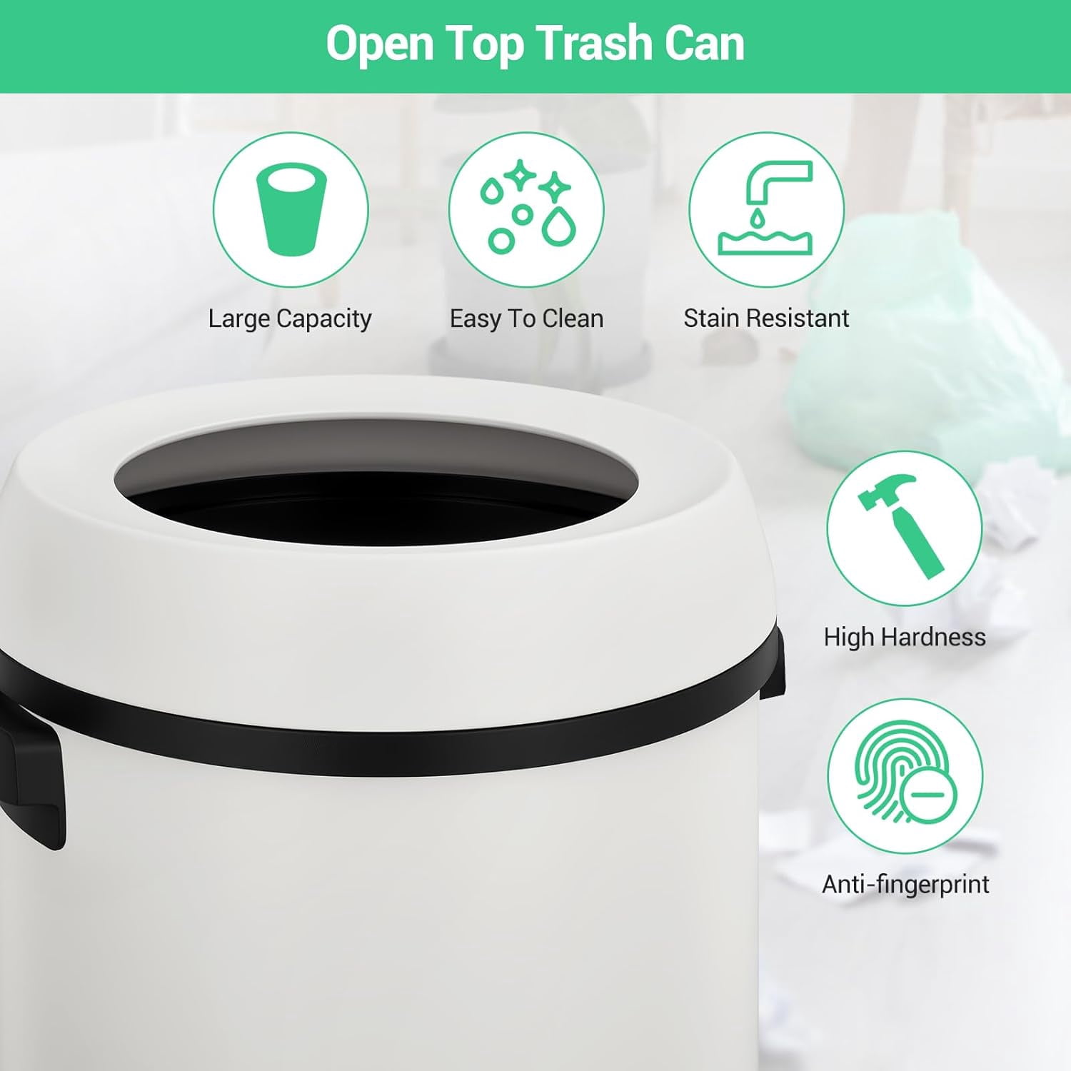 Garvee 17 Gallon Stainless Steel Round Trash Can with Open Lid, Fingerprint-Proof, Removable Inner Liner for Kitchen, Office, Living Room, or Bathroom, White